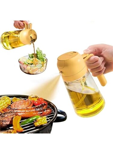 17oz Oil Dispenser Bottle - 2 in 1 Olive Oil Dispenser and Oil Sprayer - 500ml Glass Oil Bottle - Oil Sprayer for Cooking, Kitchen, Salad, Barbecue,Food-grade Oil Mister (Yellow)
