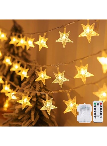 Sulfar Christmas Decoration Star Lights Battery Operated Waterproof 80LED 10M Star Fairy String Lights with Remote Control for Home, Party, Christmas, Wedding, Garden Decoration (Warm White)