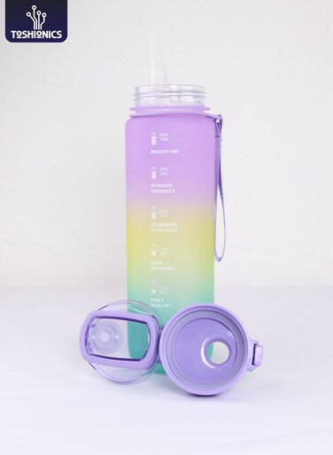 1000ml Motivational Sports Water Bottle with Time Markers, One-Touch Lid, Flip-Top Spout, Integrated Straw, Dual Carry Strap Design and Cute Free Stickers - BPA-Free, Leak-Proof Lid, Eco- Friendly, Plastic, Reusable, Drink Reminder Water Bottle for Adults and Kids in School, Office, Daily Hydration, Gym, Fitness, Outdoor, Sports and Travel, 32oz Bottle