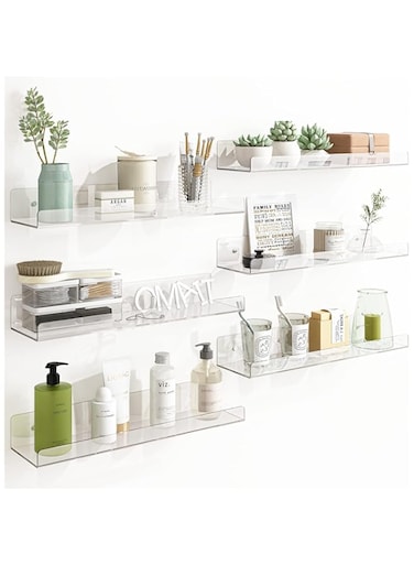 Fixwal 6pcs Acrylic Shelves, 15 Inch Floating Wall Mounted Shelves, Clear Pop Display Case, Invisible Bookshelf, Wall Decor for Kids and Bathroom Storage
