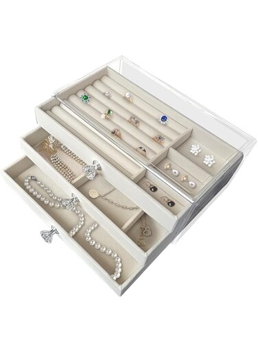 SlaBao Jewelry Organizer Box Acrylic,Jewelry Organizer with 3 Drawers,Earring Jewelry Box,Jewelry Storage Case for Girls Women, Clear Velvet Jewelry Organizer for Rings,Bangle,Necklace,Beige