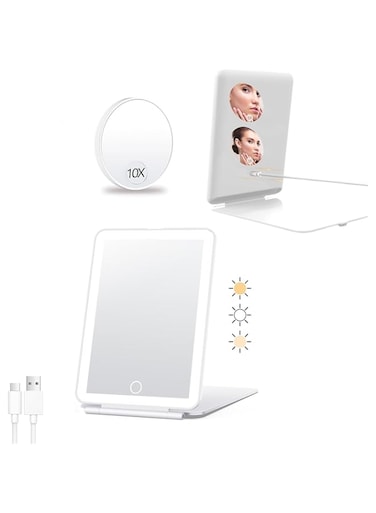LBOYLOVE&reg; Rechargeable Makeup Mirror with Lights and 10X Magnifying Mirror, Vanity Mirror with 80LEDs, 3 Color Light, 2000mAh Battery, Portable Ultra Slim Lighted Mirror, Travel Essential, White