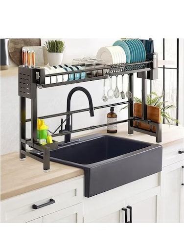 Single-Layer Kitchen Sink Organizer, Carbon Steel Kitchen Counter Organizer Storage, Black