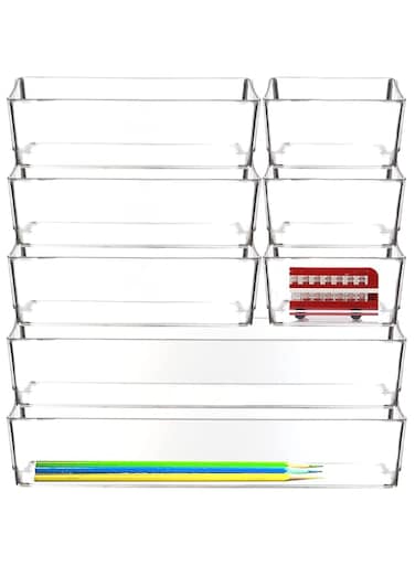 Youngever 8 Pack Clear Plastic Vanity and Desk Drawer Organizers, Stackable, Makeup Organizers, Storage Tray for Makeup, Kitchen Utensils, Jewelries