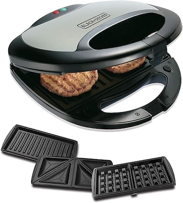 Black &amp; Decker 750W Sandwich Maker 2 Slot Non-Stick 3in1 Interchangable Sandwich Grill And Waffle Maker, With Indicator And Ready to Cook Lights For Quick and Easy Dishes TS2090-B5