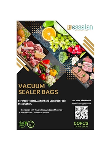 Vacuum Sealer Bags for Food By Essalan   50pcs Precut Food Saver Bags (17x25cm) - BPA Free, Puncture Prevention, Sous Vide Bags, Commercial Grade   Food Storage Vacuum Bags