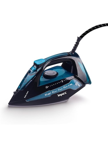 Impex IBS 404 2300W Electric Steam Iron Box with 360 Degree plaint swivel cord Water Spray Ceramic Coated Sole Plate Overheat Protection with Temperature Settings, Black &amp; Blue