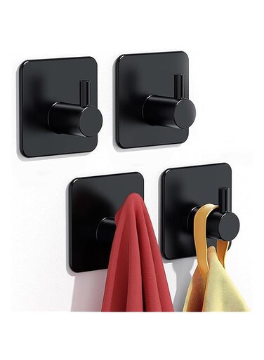 Bath Towel Hook, Strong Self Adhesive Robe Hook Adhesive Hooks SUS 304 Stainless Steel Stick on Wall Coat/Clothes Hook No Drilling Shower Wall Hook for Bathroom Kitchen Office Closet(Black, 4Pack)