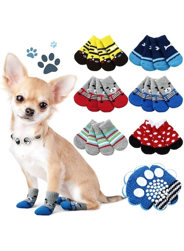 SYOSI 24 Pieces Dog Socks for Small Medium Dogs Non Slip Skid Pet Puppy Doggie Grip Socks Paw Protectors Indoor Traction Control Socks for Hardwood Floor Protection, 6 Styles