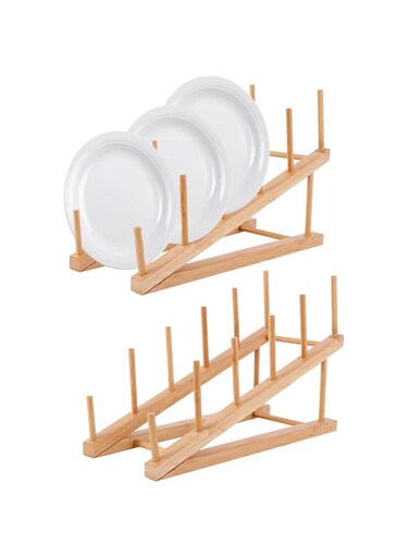 TERRIFI 2 PCS Wooden Dish Rack, Wooden Plate Rack, Kitchen Counter Storage Holder, Dish Drying Rack, Suitable for Plate, Cup, Pot Lid, Bowl, Cutting Board