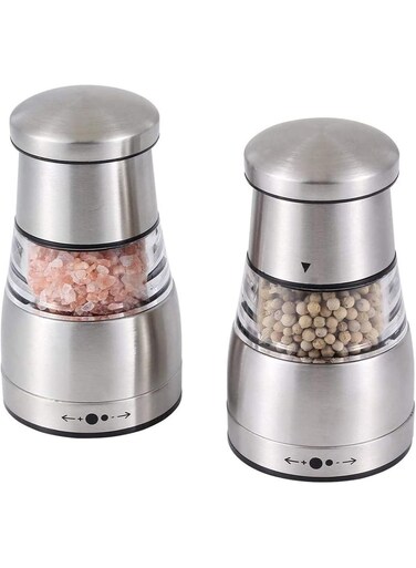 Salt and Pepper Grinder,Salt and Pepper Shakers with Silicon Stand - Premium Salt and Pepper Grinder Set with Adjustable Ceramic Coarseness - Brushed Stainless Steel and Glass Body Mill Set