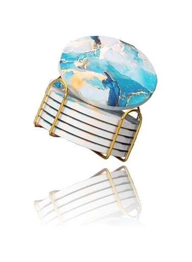 Set of 6 Light Blue Marble Abstract Ceramic Coasters, Round Drink Coasters with Holder, Absorbent Coasters for Desk, Lounge, Coffee, Wine &amp; Beverage, Stylish Home &amp; Office Bar Coasters