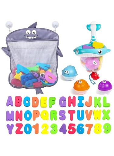 Baby Bath Toy Sets, 36 Foam Bath Letters and Numbers, Floating Squirts Animal Toys Set with Fishing Net and Organizer Bag, Fish Catching and Pitching Game for Babies Infants Toddlers Bathtub Time