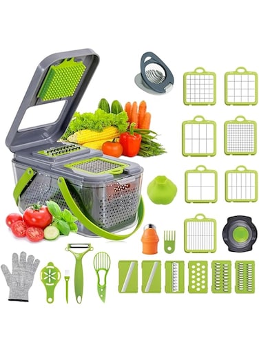 Shopyzest 22+4 in1 Vegetable Chopper Multifunctional Kitchen Tool with 14 Blades &amp; Container Onion Veggie Fruit Slicer Dicer Cutter Thumb Knife Garlic Peeler Avocado &amp; Kiwi Cutter Egg Slicer