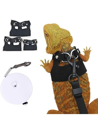 Bearded Dragon Leash - 3 Sizes Pack Reptile Outing Adjustable Soft Leather Lizard Harness with Retractable Leash Small Animal Traction Rope Walking Vest Accessories for Bearded Dragon Leash (black)