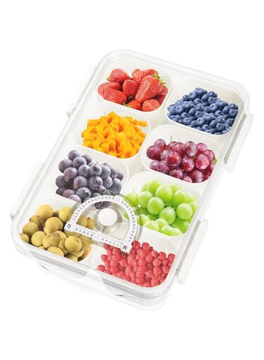 Longzhuo Refrigerator Crisper Box with Lid, Divided Serving Tray Serving Platter with 8 Removable Compartment Box, Reusable Serving Platters Bowls with Drainage Function for Home Kitchen