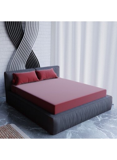 Cotton Premium Microfiber Plain Fitted Sheet &acirc;&euro;&ldquo; Maroon &acirc;&euro;&ldquo; 150 x 200 cm with 2 Pillowcases   Soft, Elastic, Wrinkle-Resistant Bed Sheet Set