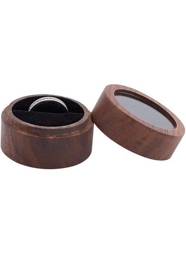 FINGERINSPIRE Walnut Wooden Ring Box 2x1.4inch Round Wooden Jewelry Ring Box with Clear Window Small Column Rings Box with One Slots Black Velvet for Proposal Engagement Birthday Wedding Ceremony