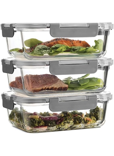 FineDine 6-Piece Superior Glass Food Storage Containers Set, 35oz Capacity - Newly Innovated Hinged Locking lids - 100% Leakproof Glass Meal-Prep Containers, Freezer-to-Oven-Safe (Grey)