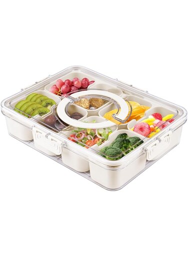 Tazweeq Divided Serving Tray with Lid and Handle, Container for Portable Snack Platters, Household With Lid Compartment Seasoning Jar Seasoning All-In-One Multi-Compartment Freshness Box
