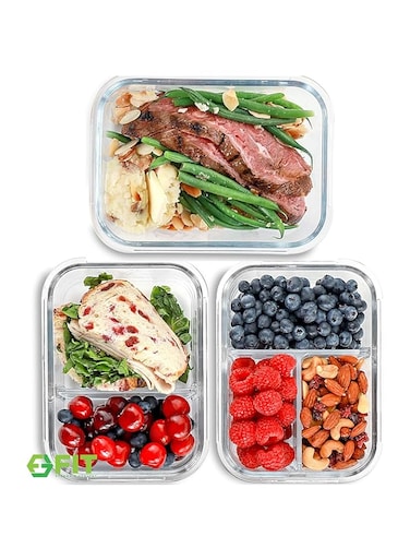 1 &amp; 2 &amp; 3 Compartment Glass Meal Prep Containers [3, 35 oz] - Glass Lunch Containers, Food Storage Containers with Lids, Food Prep Containers, Glass Bento Box for Kids &amp; Adults, Bento Lunch Box
