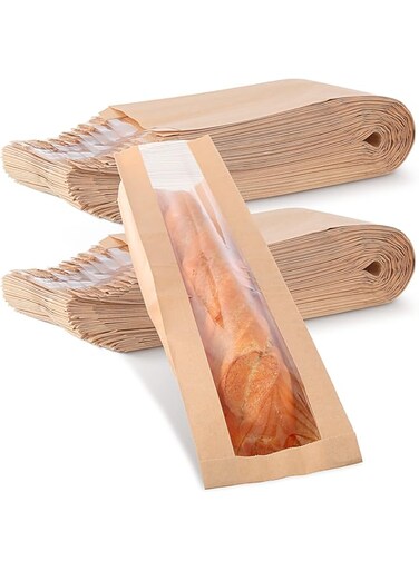 MAKINGTEC Paper Bread Bag, 100PCS Homemade Bread Bags with Window, Baguette Bag for Bread, Brown Kraft Loaf Storage Sacks, Long French Bread Bags, Bread Biscuits Packaging (4.5 x 2 x 24 Inch)