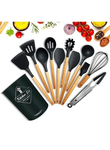 pieces silicone kitchen utensil set, wooden handle silicone cookware set, suitable for kitchen cooking, a set of heat-resistan, kitchen utensils, silicone tableware set, kitchen tools with storage bucket