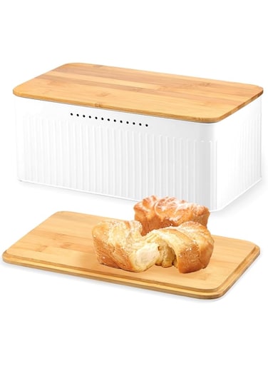 NALACAL Modern Metal Bread Box with Bamboo Lid, Bread Storage Container, 13&times;7&times;5.3 Inch Bread Storage Container for Kitchen Counter, Bread Keeper for Homemade Bread, Bagel, Muffins, Rolls