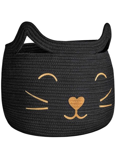 HiChen Large Woven Cotton Rope Storage Basket, Baby Laundry Basket Organizer for Toys, Blanket, Clothes, Towels, Gifts   Pet Gift Basket for Cat, Dog - 15.7" L&times;11.8" H, Black