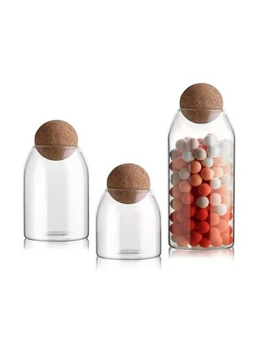 TIME 3 x Glass Storage Jars, Borosilicate Glass Jar, Spice Jars with Cork Stopper, for Spices, Sugar, Coffee, Biscuits, Sweets