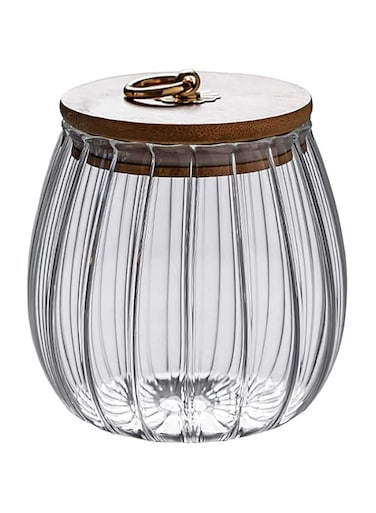 KASTWAVE Glass Coffee Nuts Canister Airtight Storage Jar Petal Decorative Container with Bamboo Lid Metal Handle Easy to Grasp 700ml (23oz)