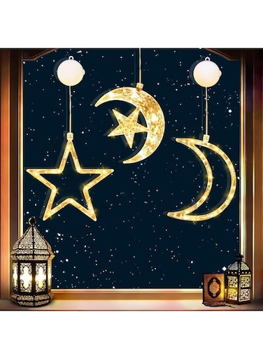 Aowin 3 Pack Eid Mubarak Decorations Moon Star Window Lights,Ramadan Light Decorations with Suction Cup,Window Silhouette Moon LED String Lights,Hanging Ramadan Lights for Home Party Decor