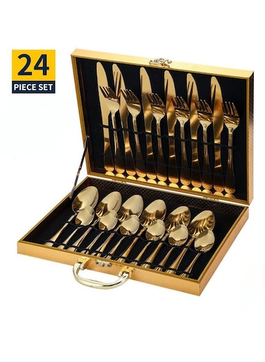 24-Piece Stainless Steel Cutlery Set With No Texture On The Surface Kitchen Utensil Set Western Tableware Suitable For Home Kitchen Restaurant Hotel Party Dining Picnic Dining Exquisite Packaging For Gifts Gold