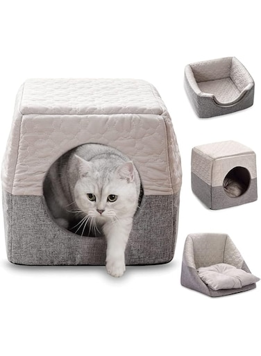 Mumoo Bear Cat Cosy Cube Lgloo Bed, 3-in-1 Foldable Cat Dog Soft Sofa Cave Bed, Cool and Warm Tent Cave Microfiber Bed House with Removable Washable Cushion Pillow for Indoor Cats Small Dogs