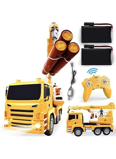 Fitto Remote Control Crane Truck, Wood log engineering yellow &amp; black truck, Heavy Machine with Battery Operated Heavy Duty Crane 360 degree body spin Toys for Boys