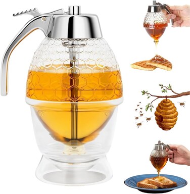Plastic Honey Dispenser No Drip 8 oz Honey Pot with Stand - Honey Jar and Maple Syrup Container, Drip Free Honeycomb Design Dispenser for Kitchen Table Serving, Pancakes, Waffles, Tea and Coffee