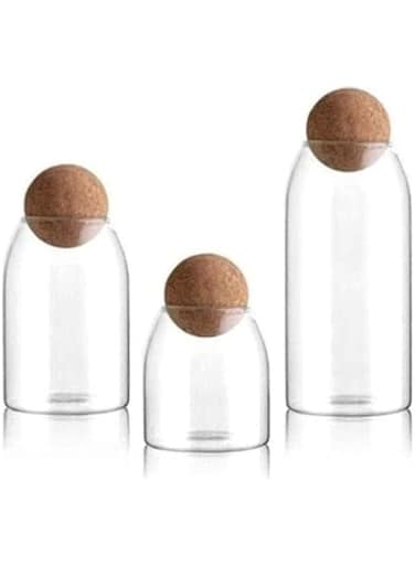 MISBAH 3-Piece Glass Food Storage Jar With Round Ball Cork Lid Clear