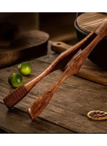 1 Pc High-Temperature Resistant Wooden Tongs, Perfect For Cooking. Serving, Handling Steak, Fruit, Bread, BBQ, Salad, Desert, Ice Cream, Noodles and Pasta, Kitchen Essential with Ergonomic Design for Easy Grip, Food Handling Tools