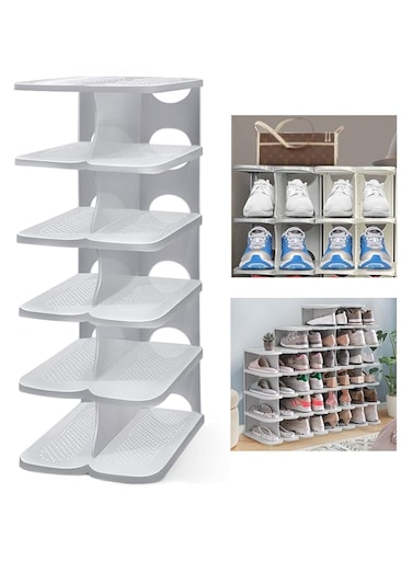 TXALWIQ 6-Tier Thickening Cubby Shoe Rack, Free Combination Shoe Organizer for Closet, Free Standing Shoe Tower, Stackable Space-Saving Adjustable Shoe Storage Shelf, Grey