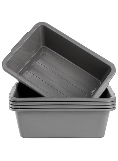 Dicunoy 4 Pack Commercial Bus Tubs, 8L Gray Bus Utility Box, Rectangle Wash Dish Basin Pans, Plastic Tote Box (33.8cm L x 23.4cm W x 11cm H)