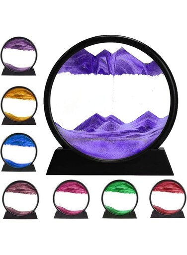 3D Dynamic Sand Art Liquid Motion, 7inch Moving Sand Art Picture Round Glass 3D Deep Sea Sandscape in Motion Display Flowing Sand Frame Relaxing Desktop Home Office Work Decor (Purple)