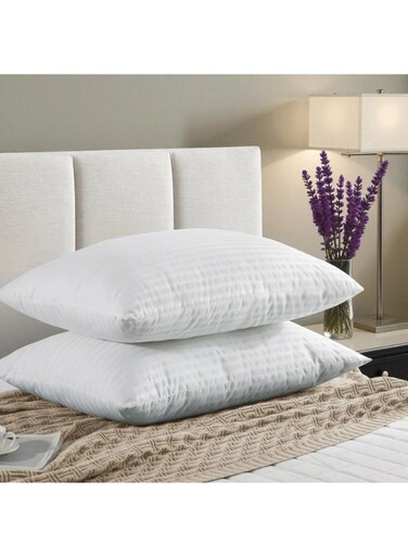 Linen Set of 2 Striped White Hotel-Quality Pillows   46 &Atilde;&mdash; 70 cm, 700 g each   75 GSM Micro-Filled   Back, Neck and Shoulder Support Pillows   Soft and Fluffy Microfiber