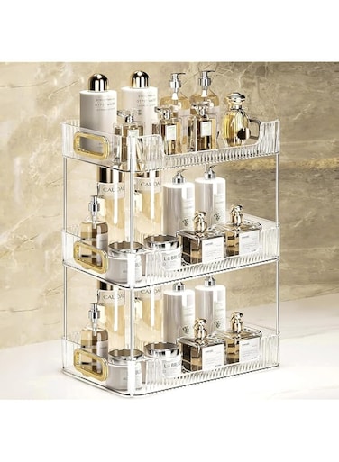 U-HOOME Bathroom Organizer Countertop, Clear Makeup Desk Organzier for Dressing Table, Bathroom Vanity Countertop, 2-Tier Vanity Tray Shelf for Cosmetic, Lotions, Perfume and Toiletries (Clear-3Tier)