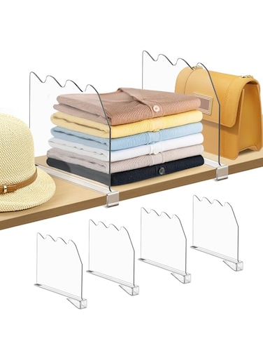 DoubleCare 4 Pcs Adjustable Shelf Dividers for Closet, Clear Acrylic Purse Organizer with Anti-slip Pads for Wooden Closet Shelves, Suitable for Bedroom Clothing Storage, Bookshelf, Kitchen, Office