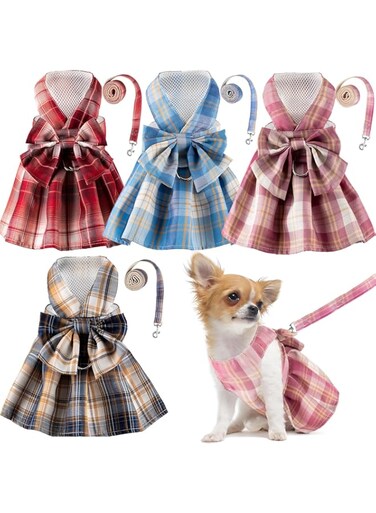 Potchen 4 Pcs Plaid Dog Dress Bow Tie Harness Leash Set Harness Dress for Small Dogs Cute Dog Pet Girl Puppy Summer Clothes for Female Summer Bunny Rabbit Clothes Yorkie Chihuahua Training Walking(M)