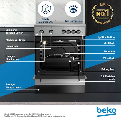 Beko 60x60cm Free standing Gas Cooker,full safety with 4 High Efficiency Gas Burner(1 Wok),Cast iron pan support,FSGT61121DXL(Stainless Steel)