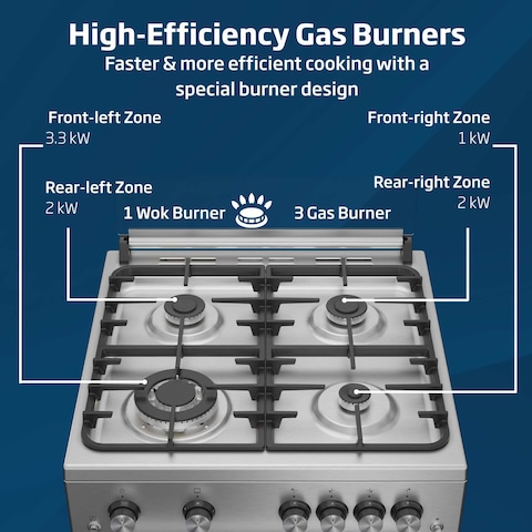 Beko 60x60cm Free standing Gas Cooker,full safety with 4 High Efficiency Gas Burner(1 Wok),Cast iron pan support,FSGT61121DXL(Stainless Steel)