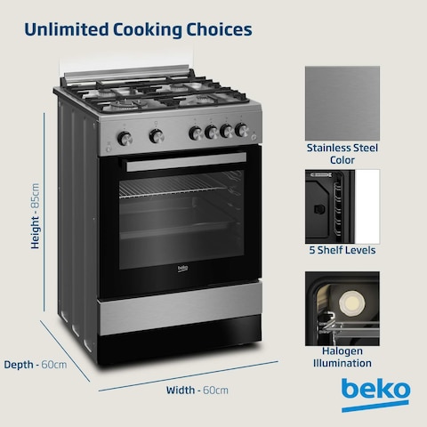 Beko 60x60cm Free standing Gas Cooker,full safety with 4 High Efficiency Gas Burner(1 Wok),Cast iron pan support,FSGT61121DXL(Stainless Steel)