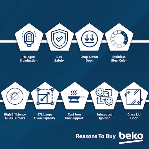 Beko 60x60cm Free standing Gas Cooker,full safety with 4 High Efficiency Gas Burner(1 Wok),Cast iron pan support,FSGT61121DXL(Stainless Steel)