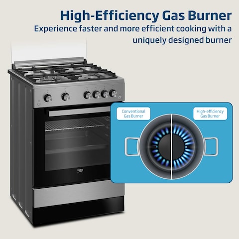 Beko 60x60cm Free standing Gas Cooker,full safety with 4 High Efficiency Gas Burner(1 Wok),Cast iron pan support,FSGT61121DXL(Stainless Steel)
